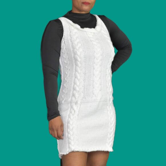 Sweater Knit Dress White Handmade Chunky Cable Sleeveless Mini Pencil Size Small - Picture 2 of 12